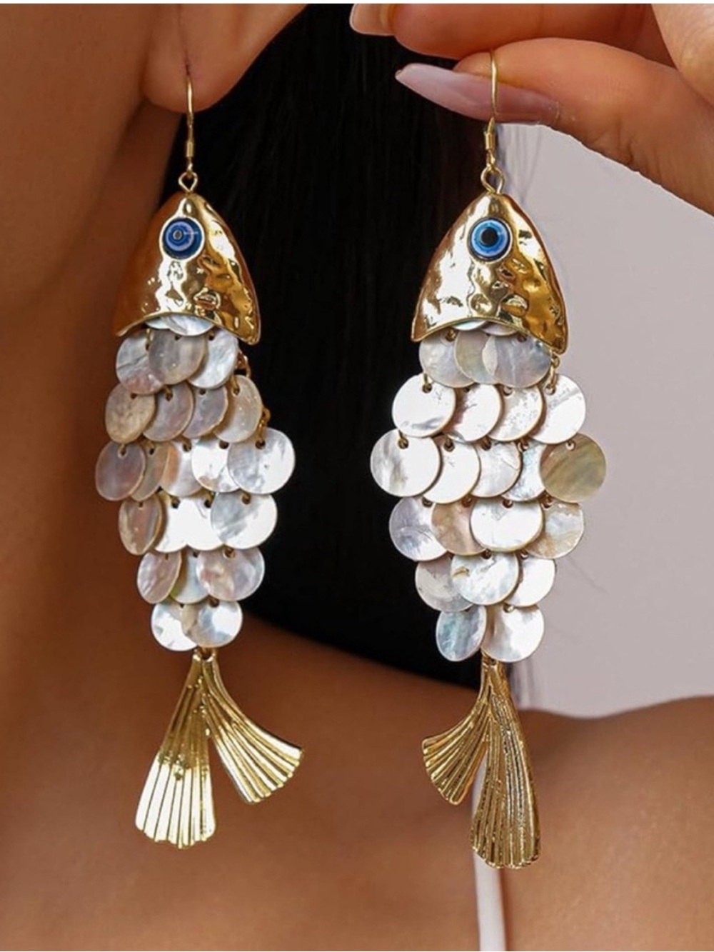 Gold Fish Shell Disc Dangle Earrings - Picture 3 of 7